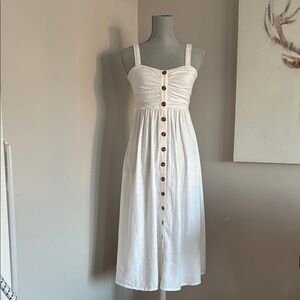 White Button-Front Linen Midi Dress
